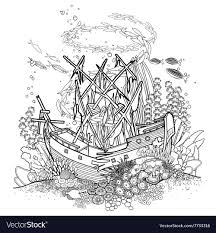 Ancient Sunken Ship And Coral Reef Drawn In Line Art Style Ocean Fish And Plants Isolated On White Backg Coral Reef Drawing Pirate Ship Art Sunken Ship Tattoo