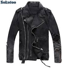 Sokotoo Men S Zippers Black Denim Jean Biker Jacket For Motorcycle Vintage Epaulet Holes Ripped Distressed Coat Rev Biker Denim Denim Biker Jacket Mens Jackets