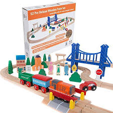Orbrium Toys 52 Pcs Deluxe Wooden Train Set With 3 Destinations Fits Thomas Brio Chuggington Melissa And Do Wooden Train Set Wooden Train Wooden Train Track