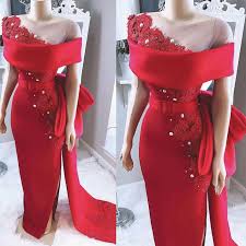 Modest Evening Dresses Long Red Lace Applique Peals Luxury Mermaid African Evening Gown Formal Dresses Vestido De Longo African Lace Dresses Modest Evening Dress Evening Dresses Long