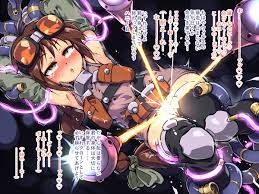 tomoshibi hidekazu, original, commentary, commentary request, 1girl, beam,  borrowed character, braid, brown eyes, brown hair, cable, female  ejaculation through clothes, firing, funnels (gundam), glowing, goggles,  goggles on head, laser, long braid ...