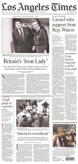 Los Angeles Times Published In Los Angeles California Usa Front Page News Newseum Margaret Thatcher