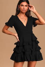 Feeling Butterflies Black Ruffled Side Tie Mini Dress In 2020 Black Short Sleeve Dress Stylish Black Dress Cute Black Dress