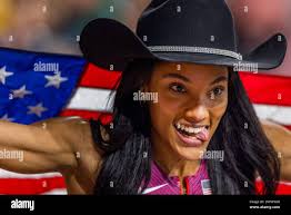 Glasgow, Scotland. 03 March 2024. Women's long jump winner Tara  DAVIS-WOODHALL (USA) celebrates after the conclusion