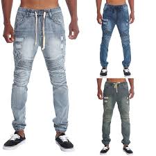 Victorious Mens Distressed Biker Denim Jogger Pants Moto