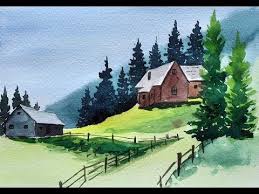 Night sky fire and boat. Watercolor Painting Landscape Village Easy