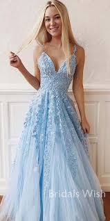 Pretty Light Blue Lace Applique Spaghetti Strap Long Prom Dress Ew0151 Light Blue Prom Dress Prom Dresses Prom Dresses Blue