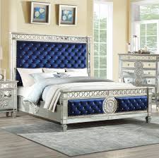 Bed (headboard, footboard, rails, slats, storage). Buy Acme Varian Queen Panel Bedroom Set 5 Pcs In Blue Silver Mirrored Velvet Online