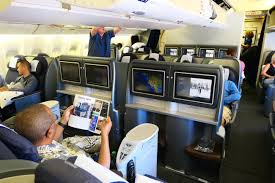 The aircraft's first class cabin is arranged. United Airlines B777 Domestic First Class San Francisco To Honolulu