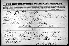 Telegram from Mabel Hubbard Bell to John Hitz, October 9, 1889
