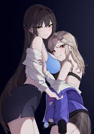 ein (nikke), marciana (nikke), marciana (school days) (nikke), goddess of  victory: nikke, highres, korean commentary, mixed-language commentary,  2girls, black bra, black skirt, blue bra, bra, breasts, brown eyes, brown  hair, closed mouth, dominance ...