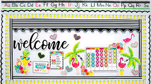 Here come our zoom virtual background templates to the rescue! Simply Stylish Tropical Classroom Virtual Background Carson Dellosa