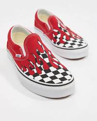 Black And White Checkered Vans With Red Flames Preorder Vans Slip On Checkerboard Flame Red White Skate Shoes Size Vans Slip On Red Shoes Red Vans