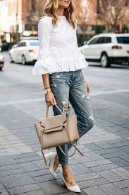 Fashion Jackson Club Monaco White Ruffle Top Denim Ripped Relaxed Jeans White Block Fashion Jackson Womens Winter Fashion Outfits Womens Fashion Casual Chic