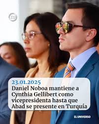 En el decreto No. 512 publicado este jueves, 23 de enero, el presidente  Daniel Noboa ordenó mantener la designación como vicepresidenta de la  República a Cynthia Gellibert Mora, hasta que Verónica Abad