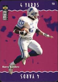 These limited edition cards, sometimes containing signatures of players and sometimes containing pieces of jerseys, bats, gloves, bases, and other sports equipment, are put into packs in limited quantities.these individual cards can sometimes sell for thousands of dollars the moment they leave the pack. 1996 Upper Deck Collectors Choice Update You Make The Play Barry Sanders Football Card