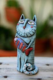 Pottery Cat Miniature Cat Lovers Gift Funny Cat Sculpture Ceramic Cat Figurine Gift For Fisherman Ceramic Animals Sculpture Ceramic Animals Cat Lover Gifts