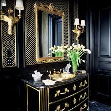 Black And Gold Bedroom Bold Vanity With French Gold Trim And Accents Black Gold Bedroom Black Vanity Bathroom Gold Rooms