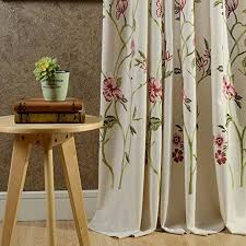 Amazon Com Embroidered Floral Curtains Cotton Linen Anady Top 2 Panel Red Pink Flower And Green Bran Living Room Drapes Floral Curtains Curtains Living Room