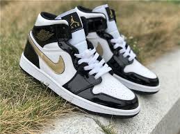 Air Jordan 1 Mid Patent Black White Gold 2019 Discount Jordan 1 Mid Patent Leather Black White Gold For Sale In 2020 Jordan 1 Mid Black White Gold Jordans
