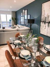 Otherwise, simply choosing varying shades of the same material or using rugs in order to visually define the spaces can be a good alternative. New Build Open Plan Living Dining Living Room Dining Room Combo Living Room Decor Apartment Blue Walls Living Room