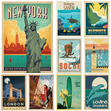 New York Roman London Kota Dunia Tour Travel Vintage Pemandangan Poster Seni Cetakan Dinding Dilapisi Lukisan Kamar Dekorasi Rumah Aliexpress