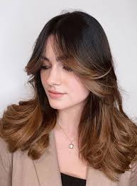 Layered bangs blend into your hair and have tons of different lengths, which means you can style them however you want — you can part them down the middle, have them lay straight, or throw them. Cute Haircuts And Hairstyles With Bangs Caramel Balayage With Curtain Bangs