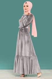 E D F Firfirli Kadife Elbise Edf4010 Gri Dresses Fashion Victorian Dress