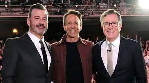 Jimmy Kimmel and Stephen Colbert open up about their show cancellations and suspension during a late-night crossover. | Entertainment Tonight | Facebook
