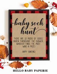 Lumberjack Baby Sock Hunt Game Sign Lumberjack Baby Shower Baby Shower Theme Decorations Plaid Baby Shower