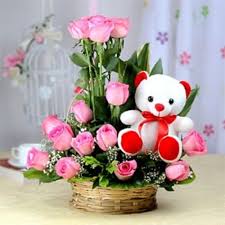 Basket arrangement of fresh flower peak time. Send Flowers Basket With Teddy Online Free Delivery Gift Jaipur