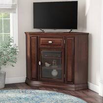 Walker edison modern farmhouse wood corner universal stand for tv's up to 50 flat screen living room storage entertainment center, traditional brown. Corner Tv Stands Wayfair