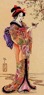 Enjoy all the flavor and serenity of the orient with this wonderfully detailed sampler. 0 Point De Croix Geisha Et Oiseau Cross Stitch Geisha And Bird Cross Stitch Patterns Cross Stitching Cross Stitch