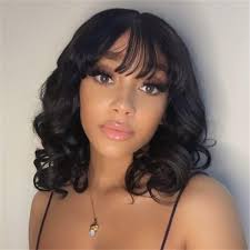 Women's Short Bob Wavy Bangs Glueless Lace Front Wig 14 Inch-RTH34D
