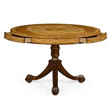 Extendable dining room table seats 6/8 people lovely centre piece with the very decorative panel top and rope detailing around the circumference, the stand for the table is a open talon claw and ball feet style with a fixed abacus central support! Walnut Round Dining Table With Ball Claw Swanky Interiors