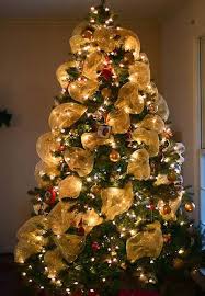Christmas Tree With Boughs Draped In Golden Voile Mesh Christmas Tree Ribbon On Christmas Tree Cool Christmas Trees