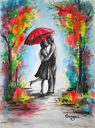 Save The Date Postcard Idea A Kiss In The Rain Original Watercolor Painting Rainy Landscape Love Couple Under Romantic Paintings Rain Painting Painting