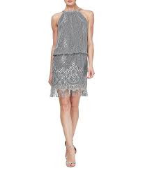 Ignite Evenings Halter Chain Neck Sleeveless Crochet Fringe Hem Metallic Blouson Dress Dillard S Blouson Dress Dresses Silver Dress