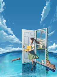 iwato suzume, munakata souta, suzume no tojimari, absurdres, highres,  1girl, cat, cloud, ocean, scenery 