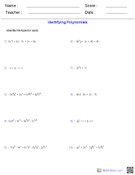 Pre Algebra Worksheets Monomials And Polynomials Worksheets