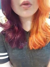 Orange And Purple Split Dyed Hair Rainbow Hair Bright Hair Aveda Colors Aveda Salon Split Dyed Hair Split Hair Unnatural Hair Color