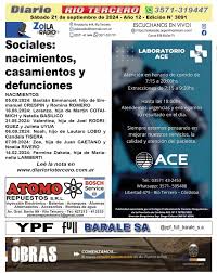 Sociales: nacimientos, casamientos y defunciones Leé la nota en Diario Río  Tercero  https://diarioriotercero.com.ar/sociales-nacimientos-casamientos-y-defunciones-48/  NACIMIENTOS 05.09.2024: Bastián Emmanuel, hijo de Emmanuel CRESPIN y Romina  ROMERO ...