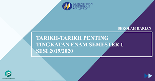 Sukacita dimaklumkan bahawa semakan keputusan tawaran kemasukan tingkatan 6 bagi sesi akademik 2018/2019 telah dikeluarkan. Tarikh Penting Tingkatan 6 Semester 1 Sesi 2019 2020 Pendidikan4all