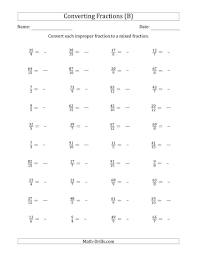 The Converting Improper Fractions To Mixed Fractions B Math Worksheet In 2020 Improper Fractions Fractions Mixed Fractions