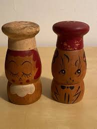 Vintage Wooden Chef Salty and Peppy Shakers