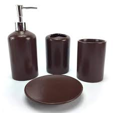 Buy products such as cerbior bathroom accessories set bath ensemble includes soap dispenser, toothbrush holder, tumbler, soap dish for decorative countertop and housewarming gift (snow white) at walmart. Ceramic Bath Accessory Set 4 Pieces Bathroom Accessories Decor Vanity Set Brown Ebay