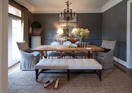 R Higgins Interiors Charcoal Gray Walls Dining Table With Wood Baluster Legs White Tufted Bench Oval Back Fr Luxury Dining Room Grey Dining Room Home Decor
