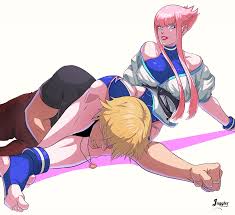 juggler (sun juggler), ken masters, manon legrand, street fighter, street  fighter 6, absurdres, highres, 1boy, 1girl, bare shoulders, blonde hair,  blue eyes, dougi, feet, femdom, fighting, headlock, hime cut, hip vent,  martial