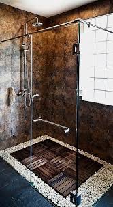 Insanely Gorgeous Shower Stall Brown And Bronze Tiled Walls Industrial Plumbing Wooden Slat Floor Surrounded By Rive Shower Tray Custom Shower Shower Floor