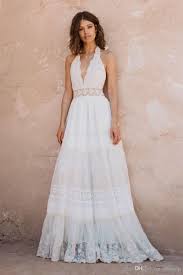 Discount2019 Bohemian Wedding Dresses Halter Deep V Neck Luxury Embroidery Sweep Train Backless Bridal Gowns Custom Made Beach Boho Wedding Dress From Dressvip Backless Bridal Gowns Wedding Dresses Uk Bohemian Wedding